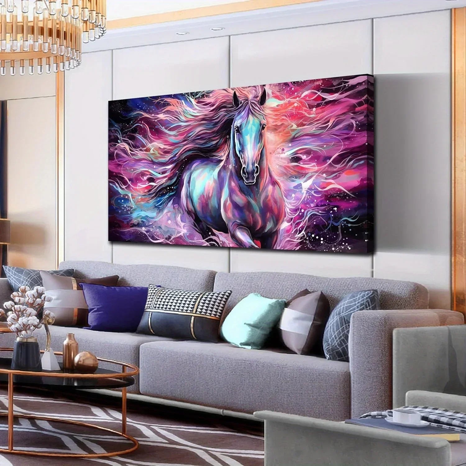 Horse Wall Art for Living Room, Colorful Canvas Wall-Art for Bedroom, Purple Animal Print Paingtings Wooden Frame - Thickness 1.5inch - House Of Avana