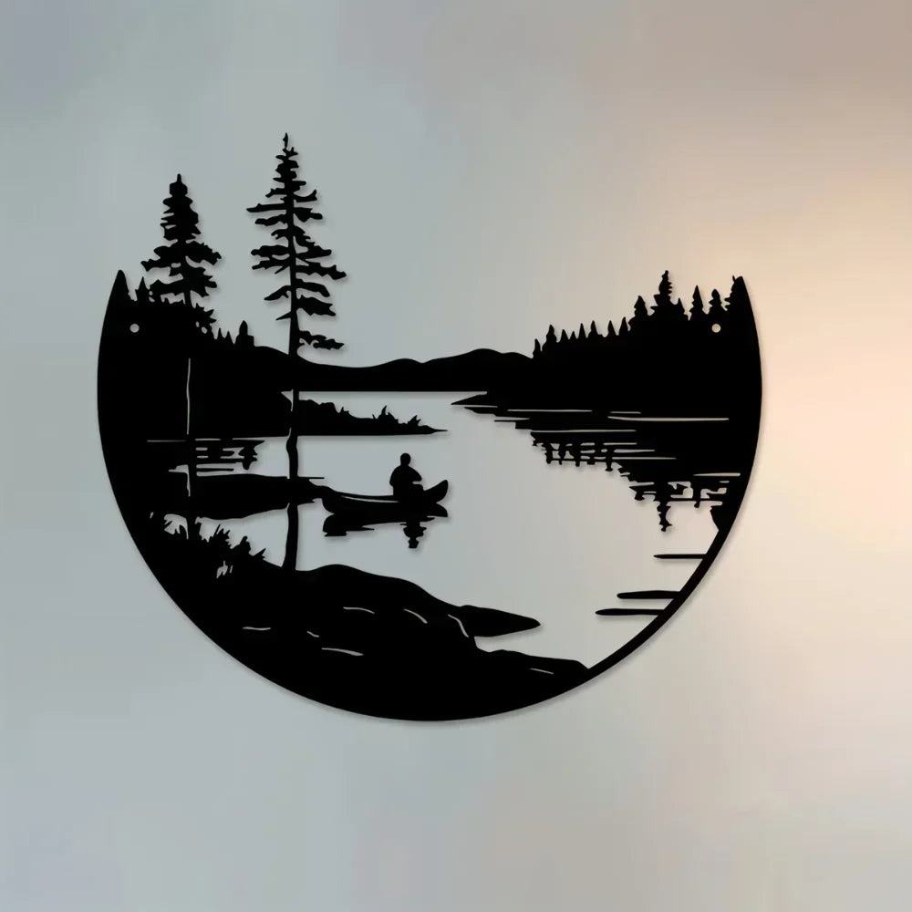 Metal Wall Art - Mountain Lake Silver Sculpture, front view - House Of Avana