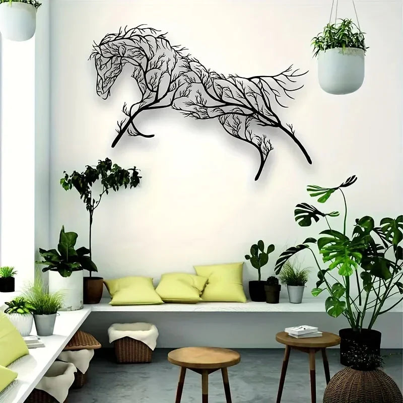 Black Horse Silhouette Metal Wall Art - Elegant Tree Branch Design for Living Room, Bedroom, Farmhouse... - House Of Avana