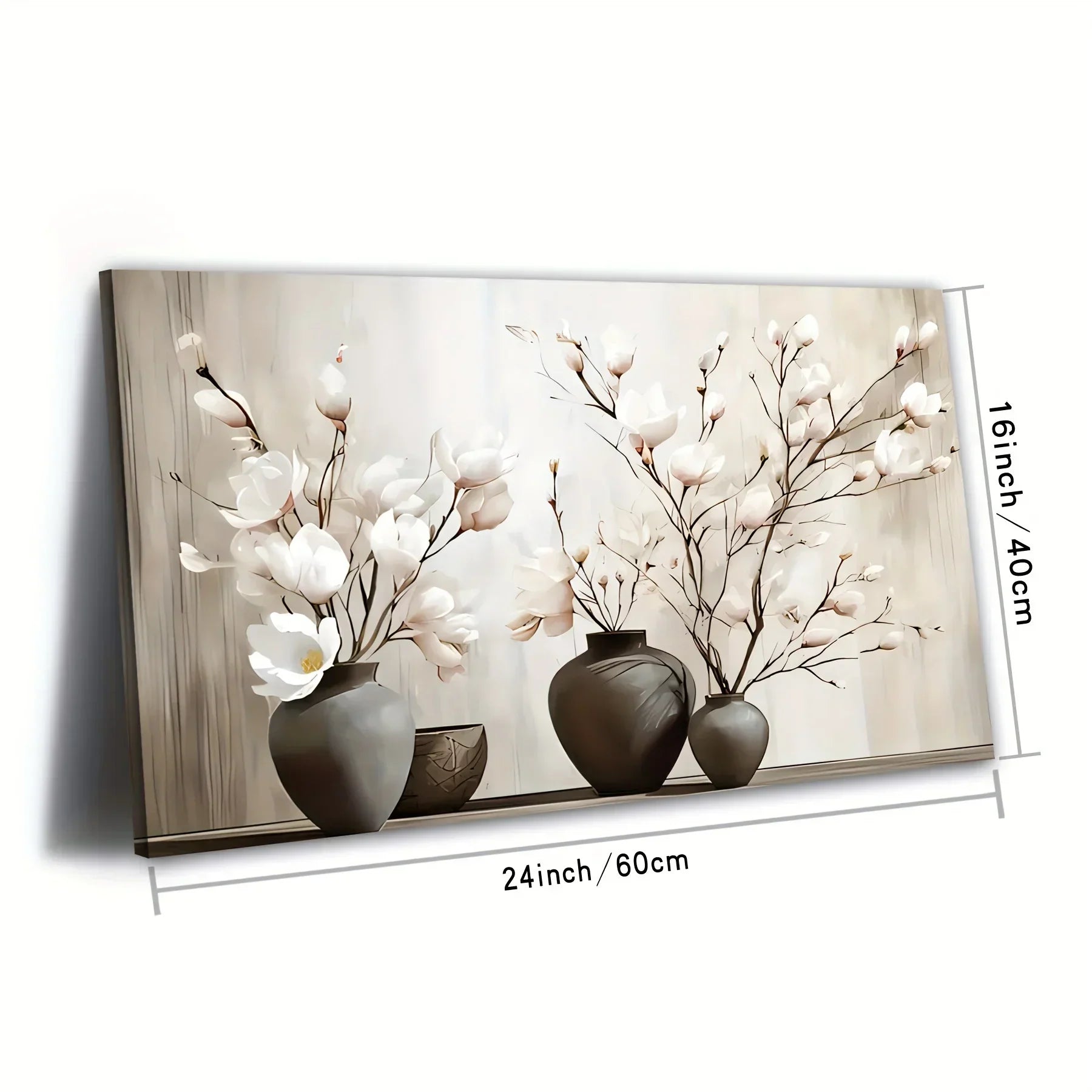 Elegant Magnolia Floral Canvas Wall Art - Vintage White Painting in Ceramic Vase on Grey Background -... - House Of Avana