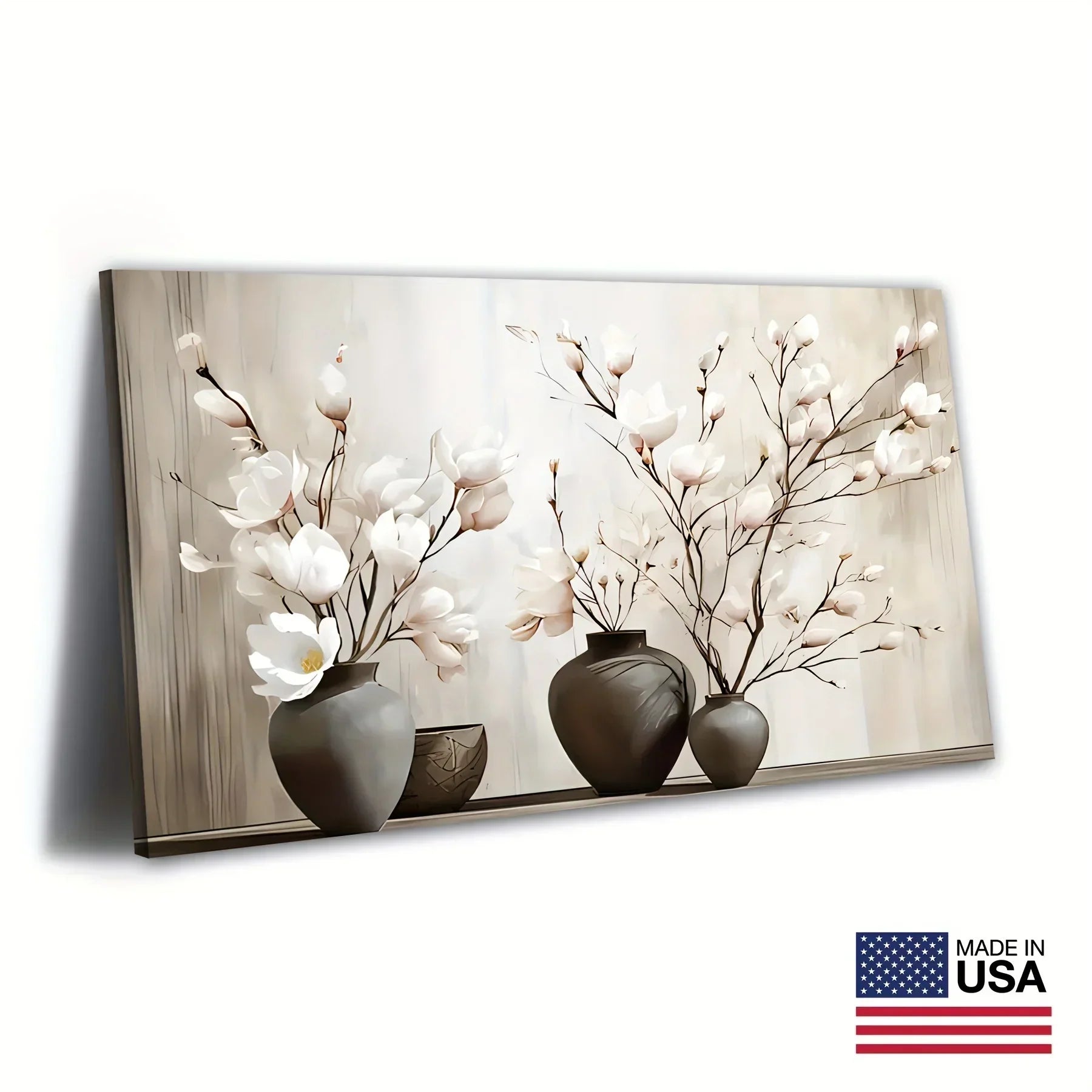 Elegant Magnolia Floral Canvas Wall Art - Vintage White Painting in Ceramic Vase on Grey Background -... - House Of Avana