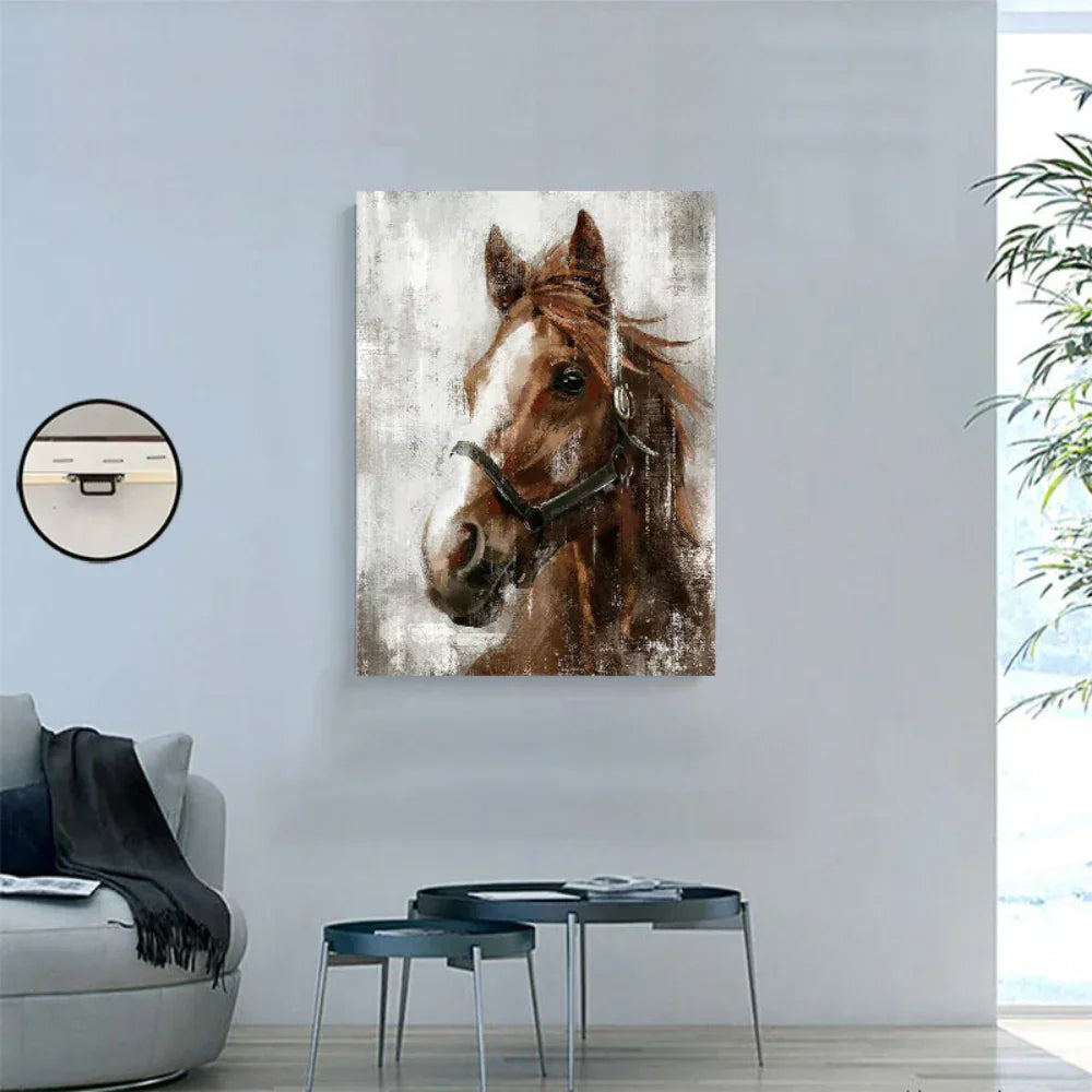 Brown Horse Wooden Framed Canvas Painting, side view - House Of Avana