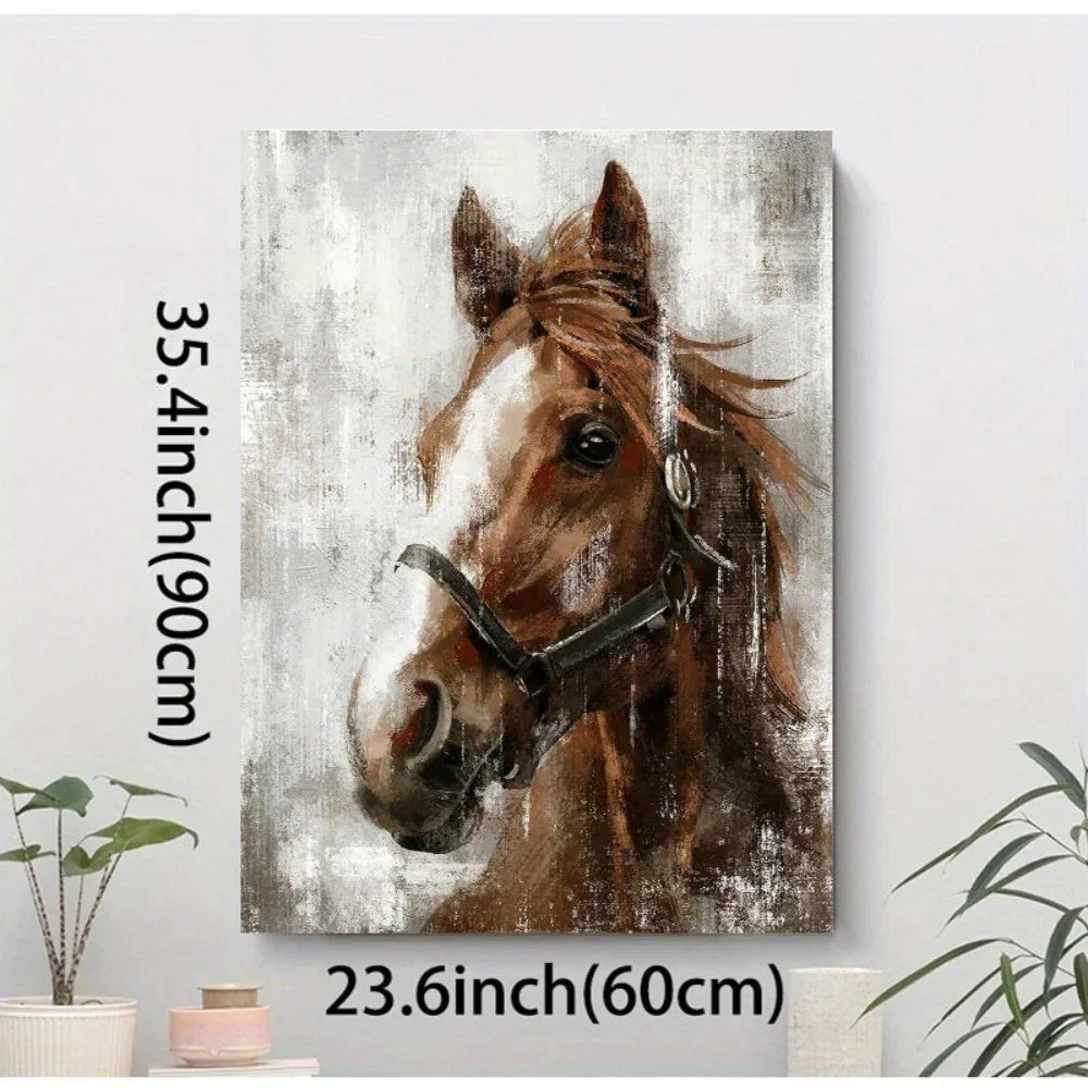Brown Horse Wooden Framed Canvas Painting, angled view - House Of Avana