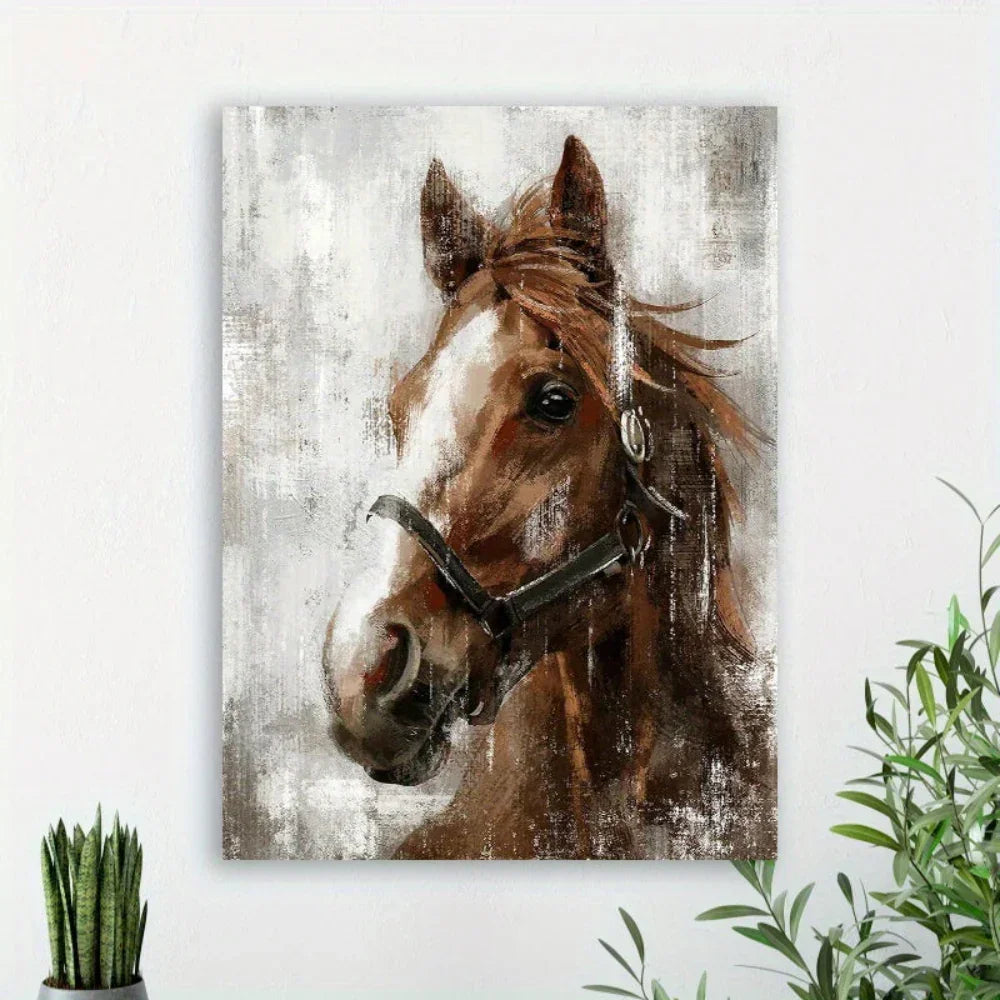 Brown Horse Wooden Framed Canvas Painting, front view - House Of Avana