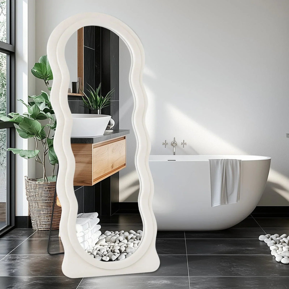 Oversized 160.02cm X 60.96cm Wavy Full-length Floor Mirror with Stand - Irregular Wave Design, White... - House Of Avana [[SKU:HOA-CLK-008]]