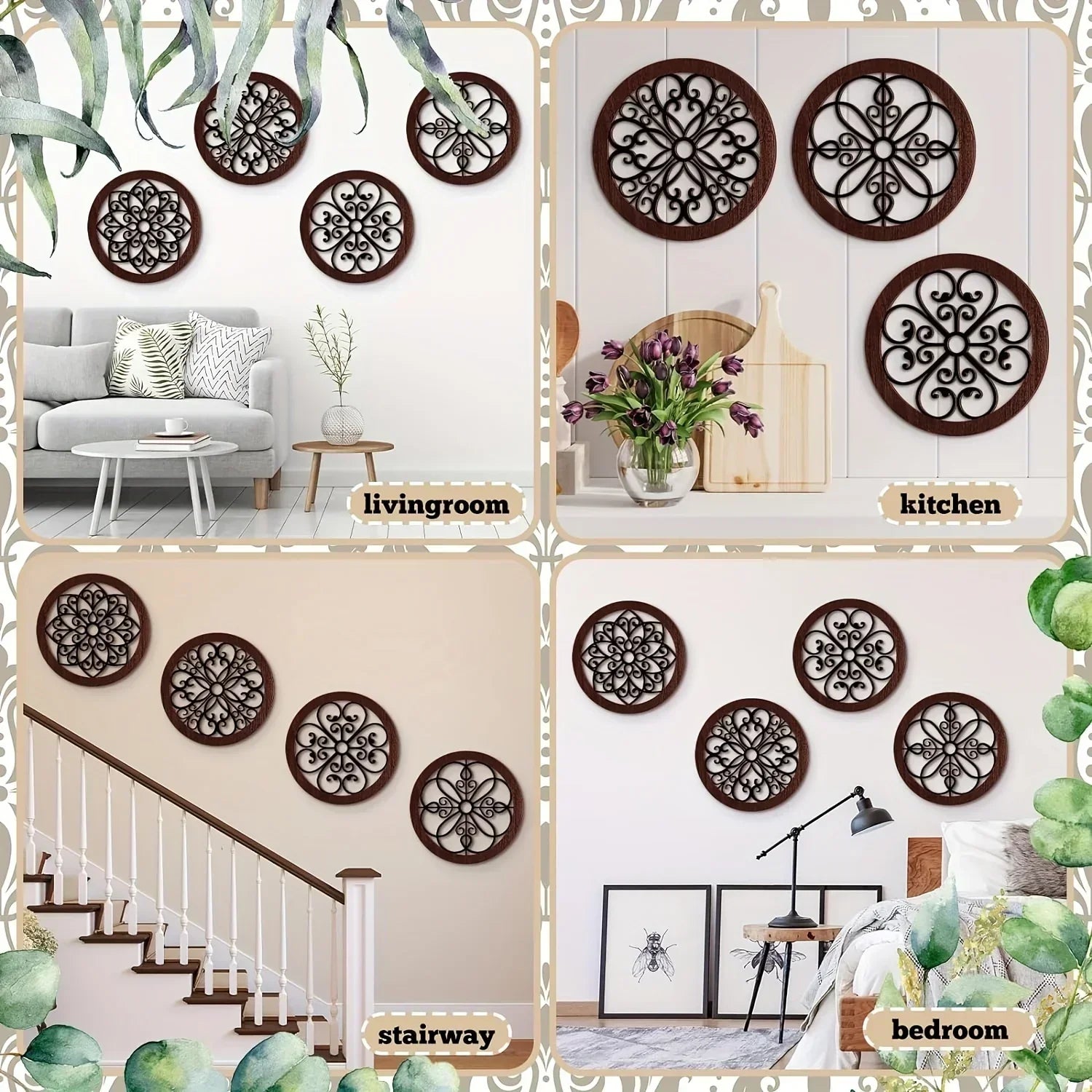 4-piece Set Rustic Farmhouse Wall Decor - 10x10 Inch Brown Wooden Hollow Carved Design for Living Room,... - House Of Avana