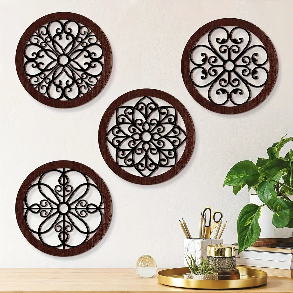 4-piece Set Rustic Farmhouse Wall Decor - 10x10 Inch Brown Wooden Hollow Carved Design for Living Room,... - House Of Avana