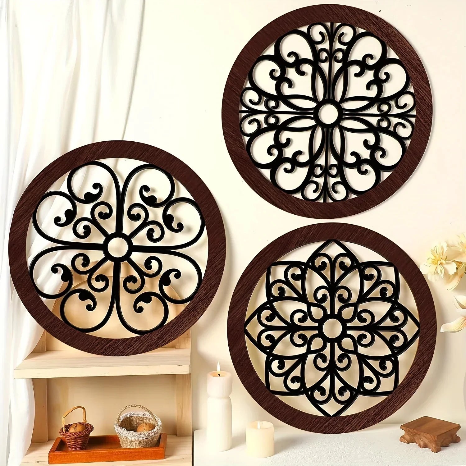 4-piece Set Rustic Farmhouse Wall Decor - 10x10 Inch Brown Wooden Hollow Carved Design for Living Room,... - House Of Avana