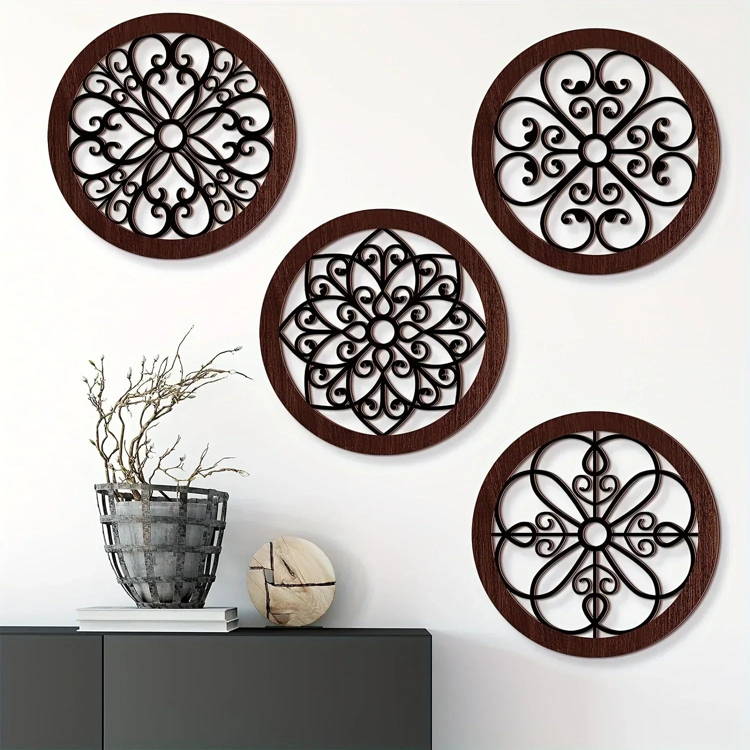 4-piece Set Rustic Farmhouse Wall Decor - 10x10 Inch Brown Wooden Hollow Carved Design for Living Room,... - House Of Avana