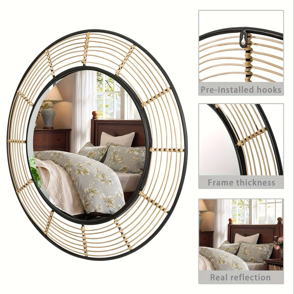 Round Wall Mirror Wall Decor, Circle Mirrors with Rattan Large Mirrors for Living Room - House Of Avana