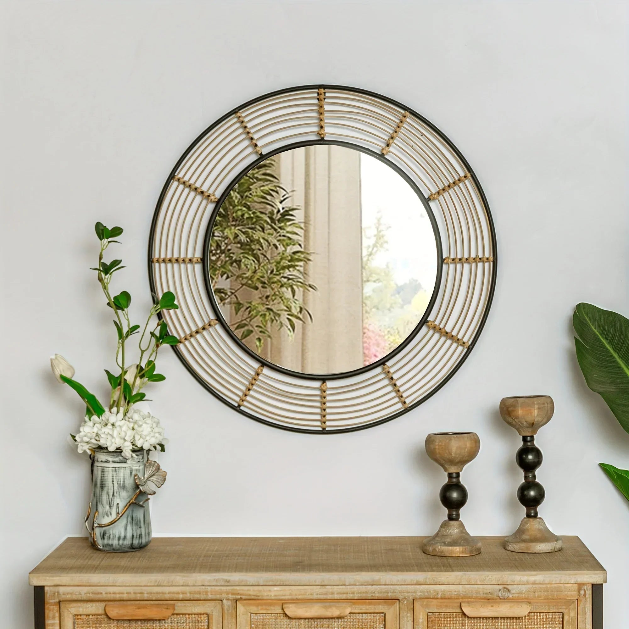 Round Wall Mirror Wall Decor, Circle Mirrors with Rattan Large Mirrors for Living Room - House Of Avana