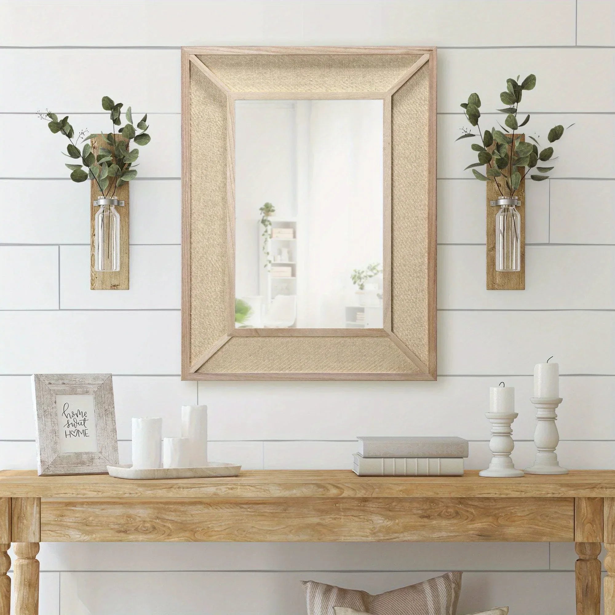 Rectangle Woven Rattan Frame Wall Mirror in Natural Color, back view - House Of Avana