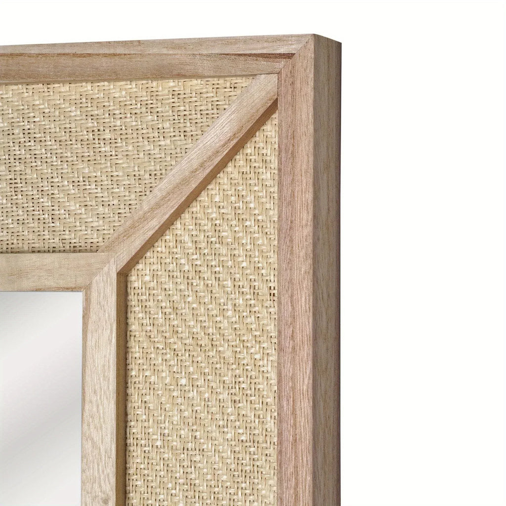 Rectangle Woven Rattan Frame Wall Mirror in Natural Color, lifestyle image - House Of Avana