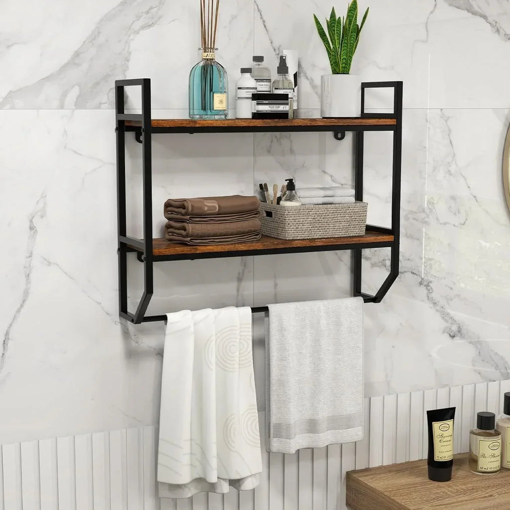 Modern bathroom wall shelf with folded towels, plants and bathroom accessories - House of Avana bathroom storage collection