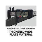 Digital caliper measuring a rough steel tube with text indicating material details.