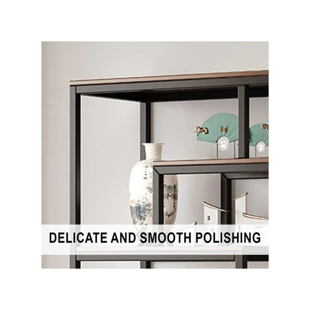 Decorative shelf with glass panels displaying decorative items, text 'Delicate and Smooth Polishing' below.