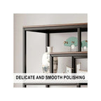 Decorative shelf with glass panels displaying decorative items, text 'Delicate and Smooth Polishing' below.