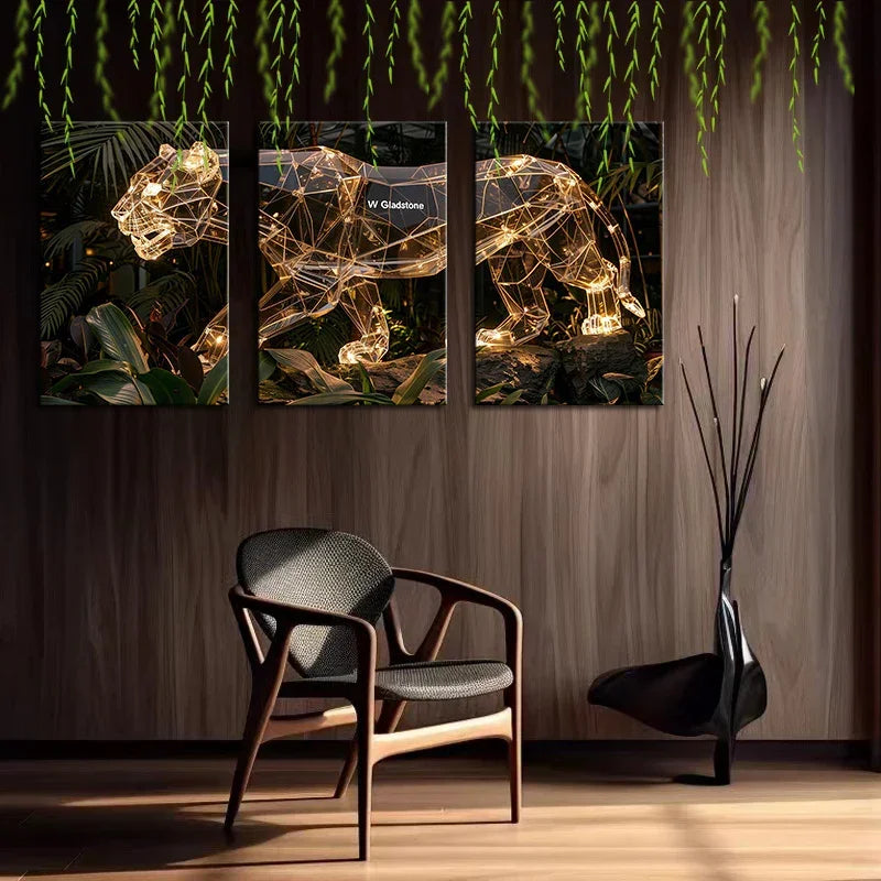 Gold Metal Wall Sculpture of a Panther with 3d Layered Design, angled view - House Of Avana