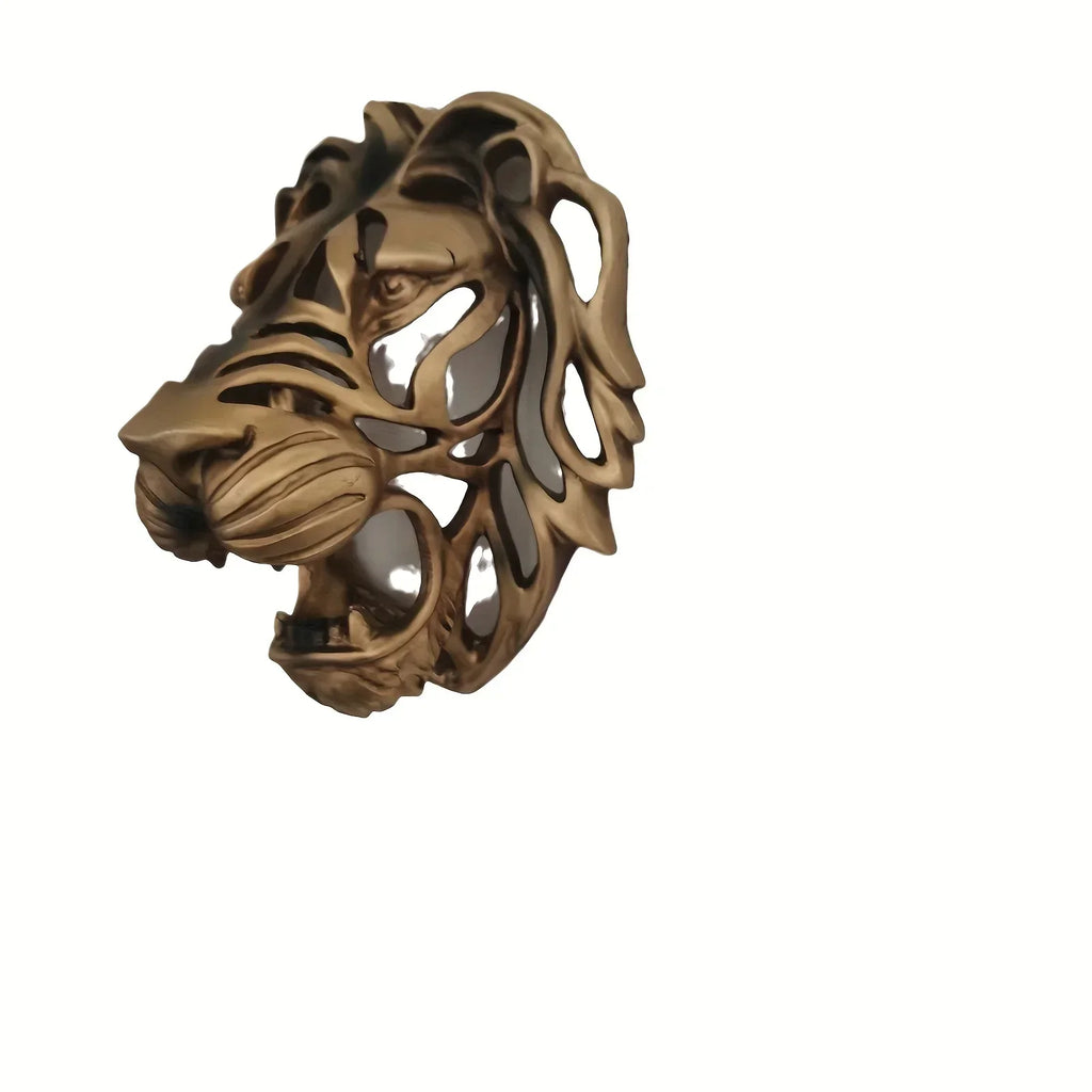 Metal Lion Head Wall Sculpture Hollow Design, close-up view - House Of Avana