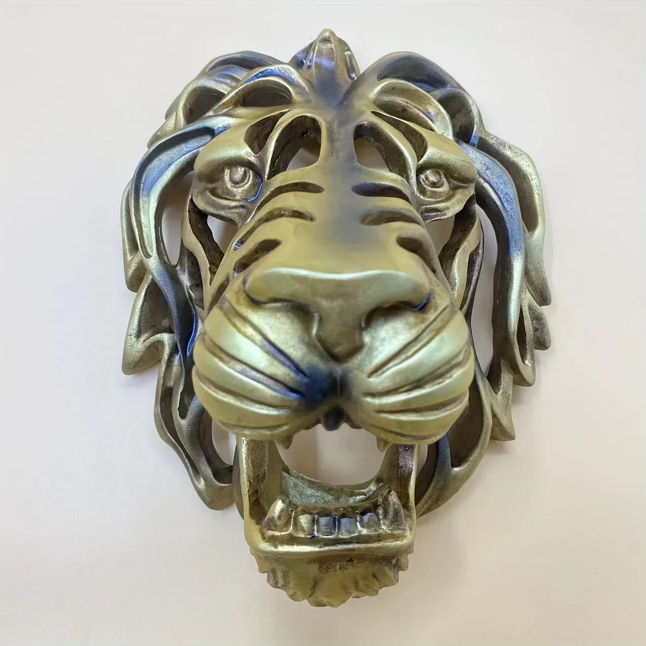Metal Lion Head Wall Sculpture Hollow Design, angled view - House Of Avana