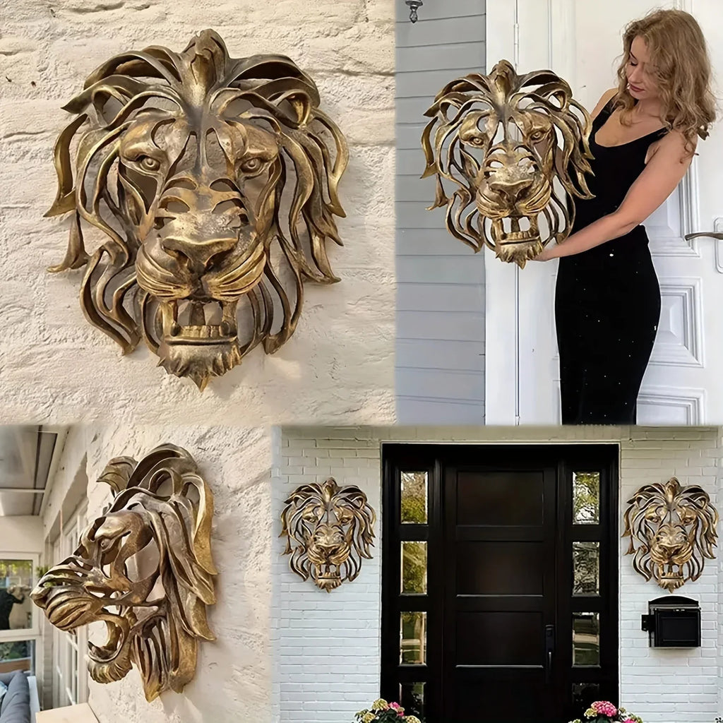 Metal Lion Head Wall Sculpture Hollow Design, front view - House Of Avana