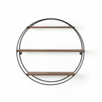 Round wall shelf with four wooden shelves and black metal frame on a white background