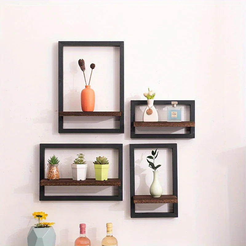 Wall Shelf - Reclaimed Wood Black Brown Set, top view - House Of Avana