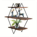Wooden Geometric Diamond Wall Shelves with Multiple Layers, close-up view - House Of Avana