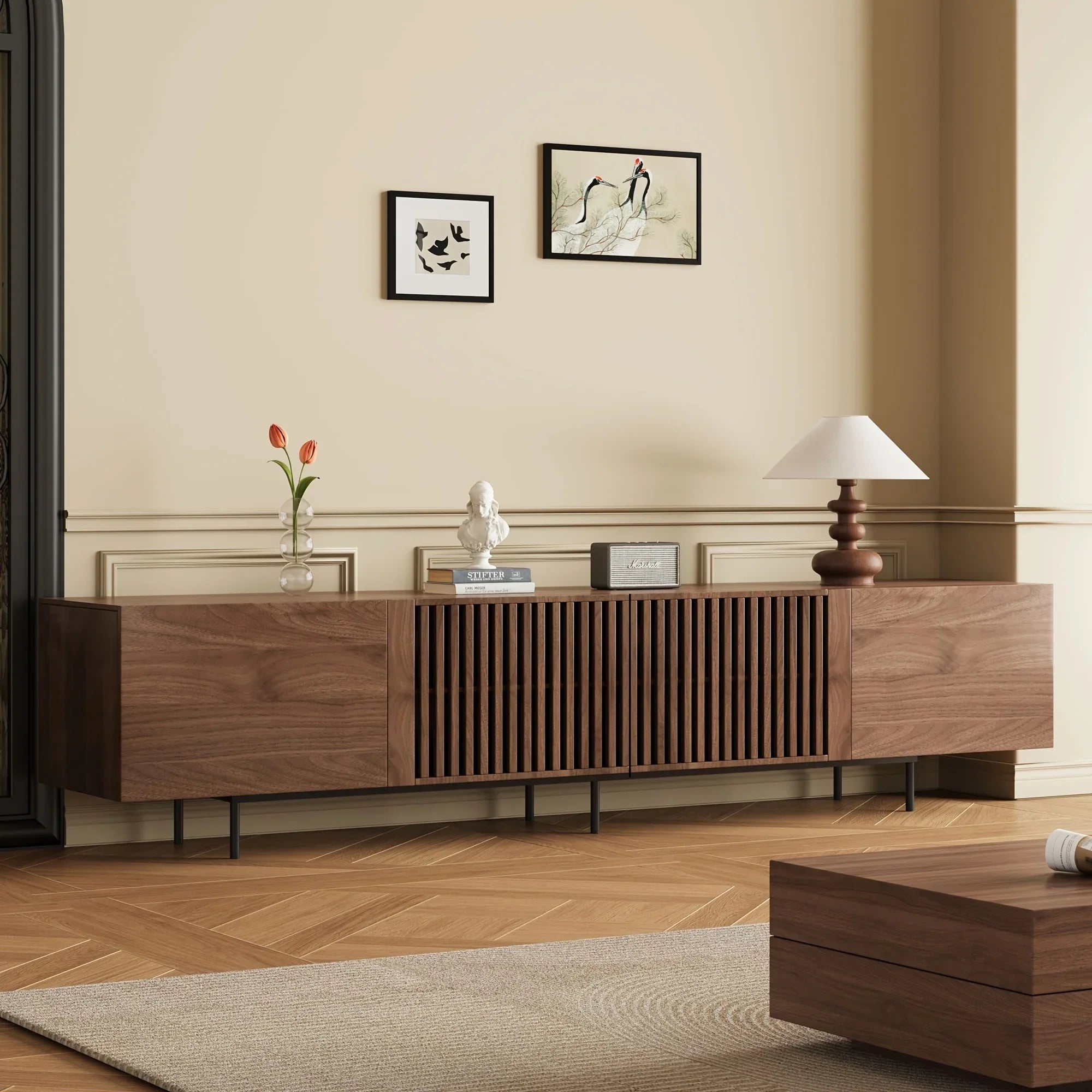 Walnut Grille TV Stand - 71/94" Dual Size (75" & 94") | Vintage Minimalist Space-Saving Design with Pull-Out Storage | Artificial Wood TV Cabinet for Living Room & Bedroom | Easy Assembly, No Power Needed, TV Console for Livi House Of Avana