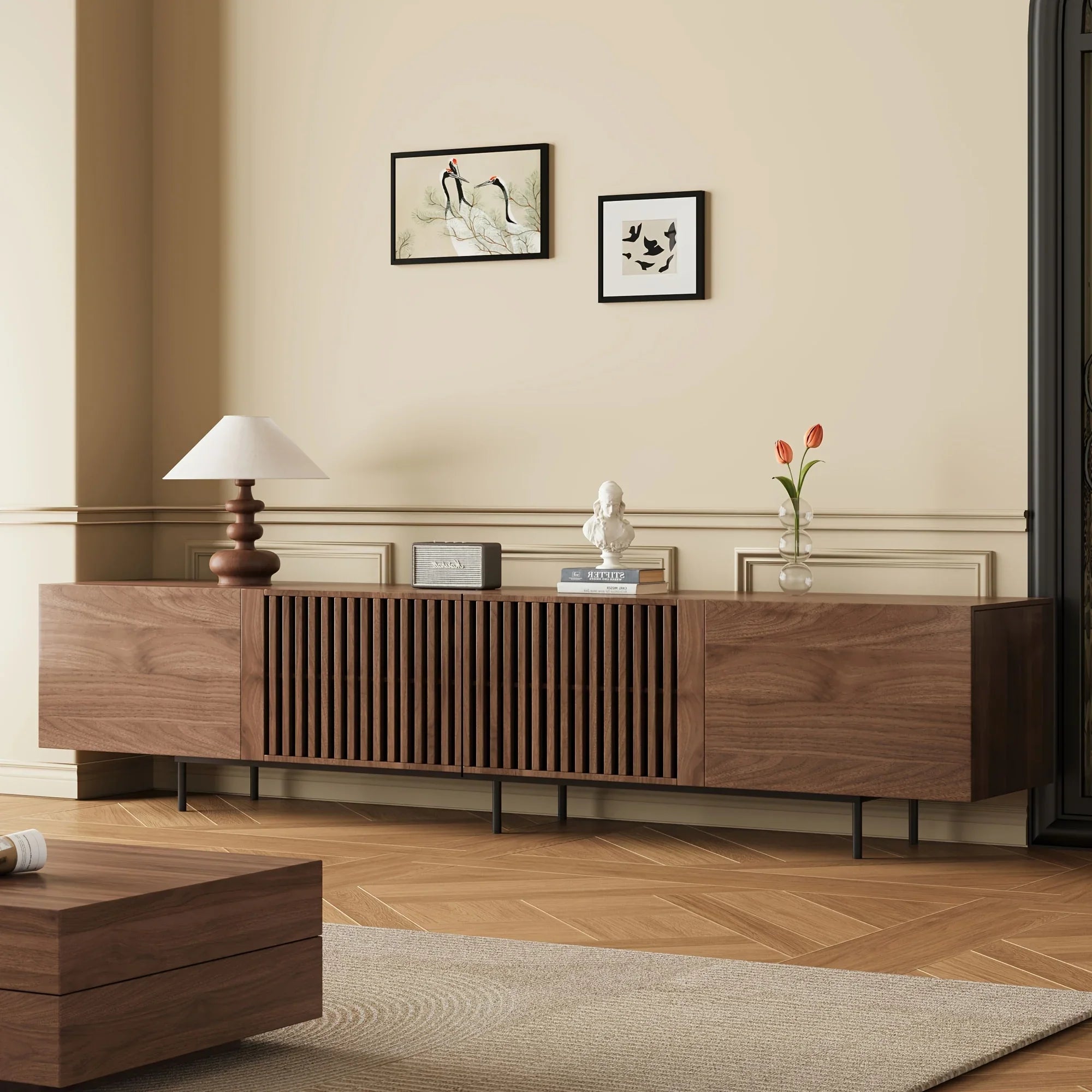 Walnut Grille TV Stand - 71/94" Dual Size (75" & 94") | Vintage Minimalist Space-Saving Design with Pull-Out Storage | Artificial Wood TV Cabinet for Living Room & Bedroom | Easy Assembly, No Power Needed, TV Console for Livi House Of Avana