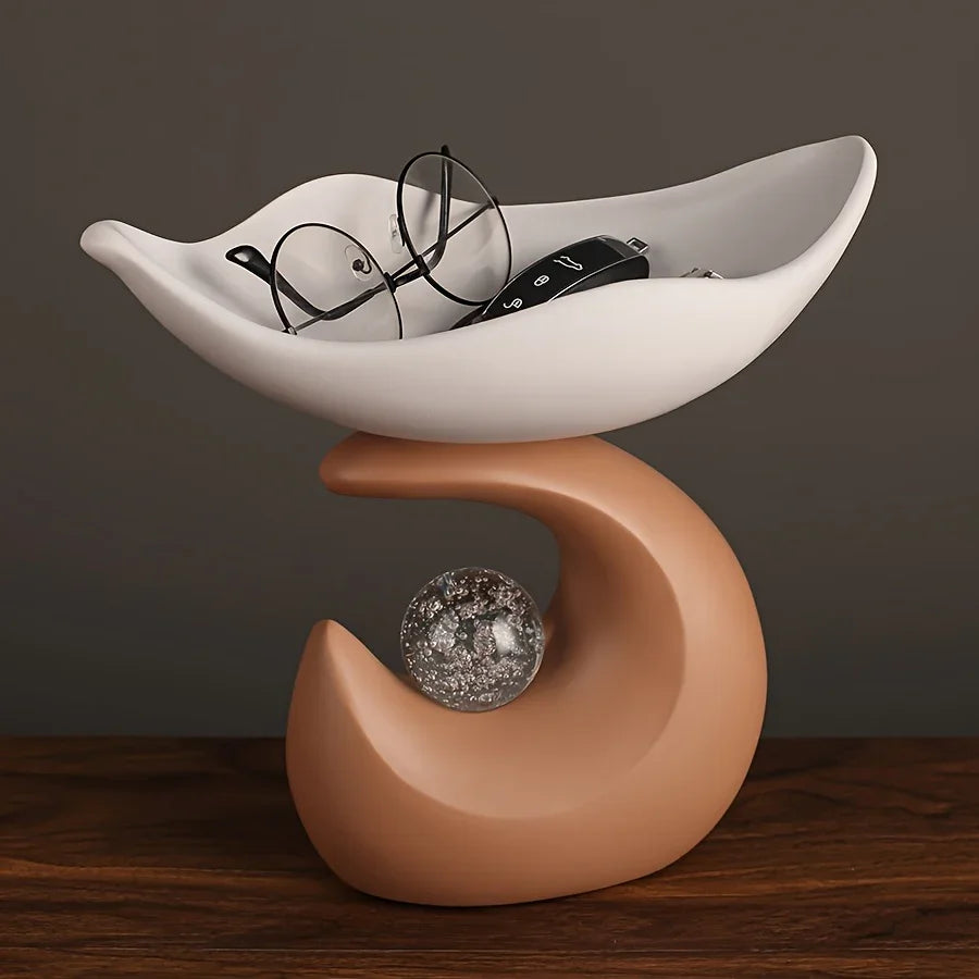 Wavy entryway organizer tray with crystal ball for modern homeowners - brown tray with dark base