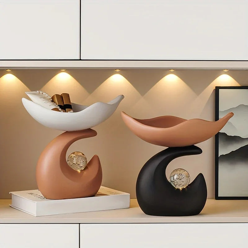 Wavy entryway organizer tray with crystal ball for modern homeowners - brown tray with dark base