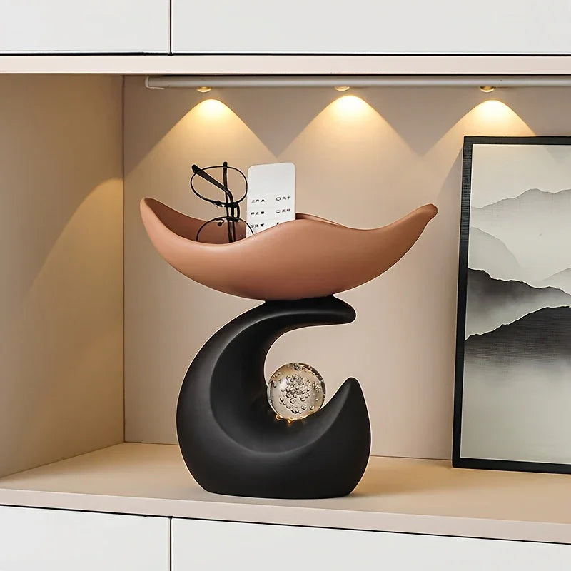 Wavy entryway organizer tray with crystal ball for modern homeowners - brown tray with dark base