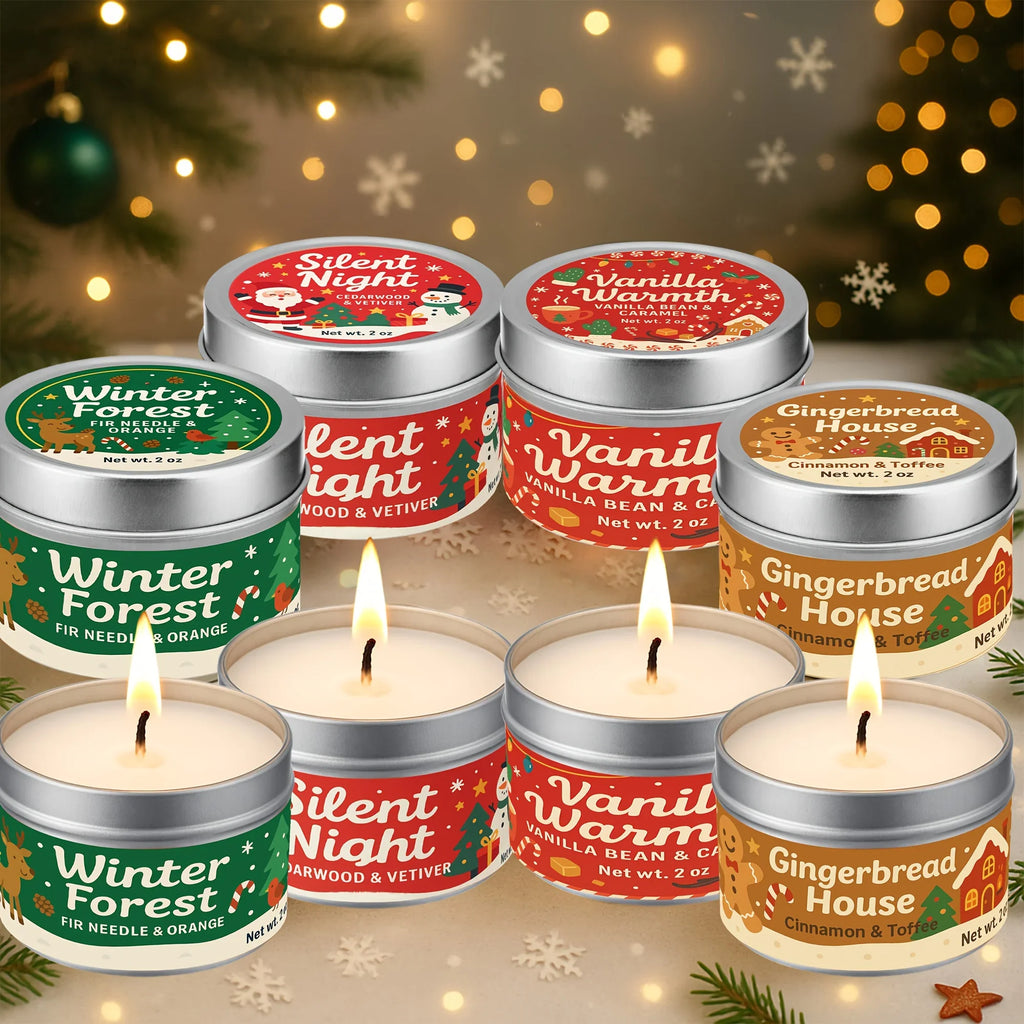 Wax Candle Set with Christmas Scents and Gift Packaging, angled view - House Of Avana