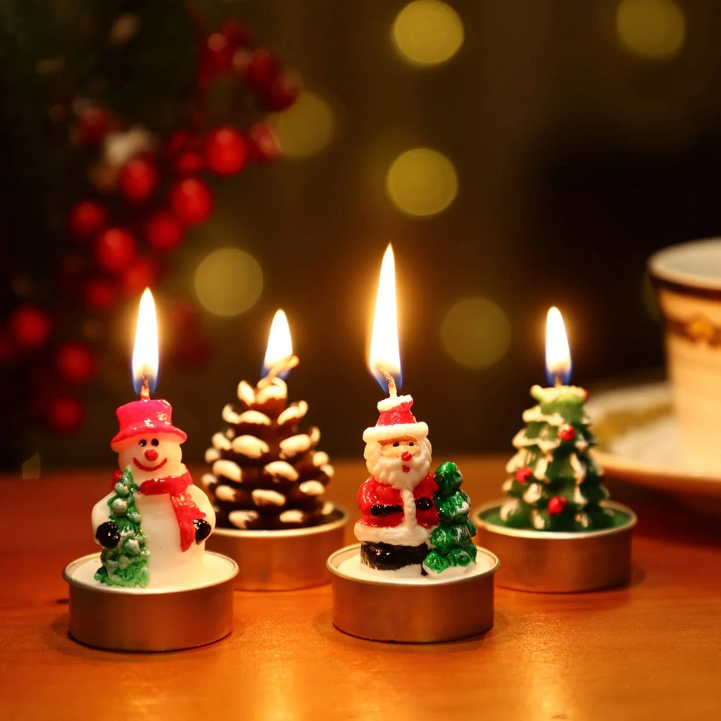 Wax Christmas Candles with Santa and Snowman Designs in Red and White, close-up view - House Of Avana