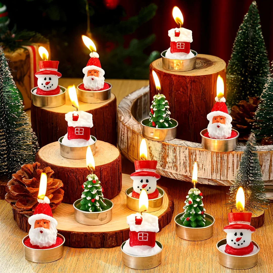 Wax Christmas Candles with Santa and Snowman Designs in Red and White, product packaging - House Of Avana