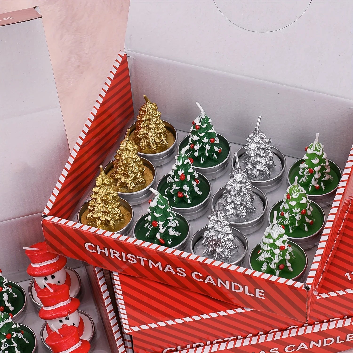 Wax Christmas Candles with Santa and Snowman Designs in Red and White, back view - House Of Avana