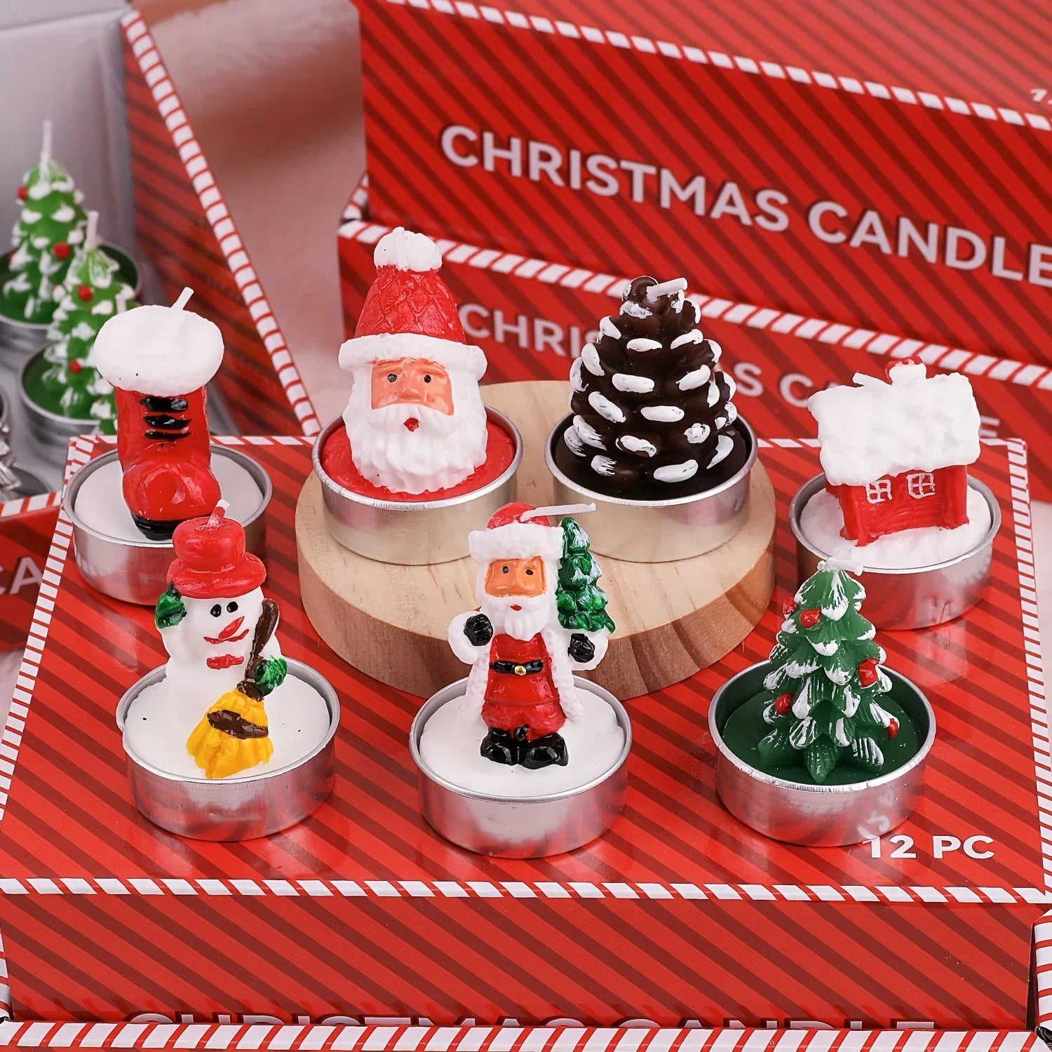 Wax Christmas Candles with Santa and Snowman Designs in Red and White, detail shot - House Of Avana