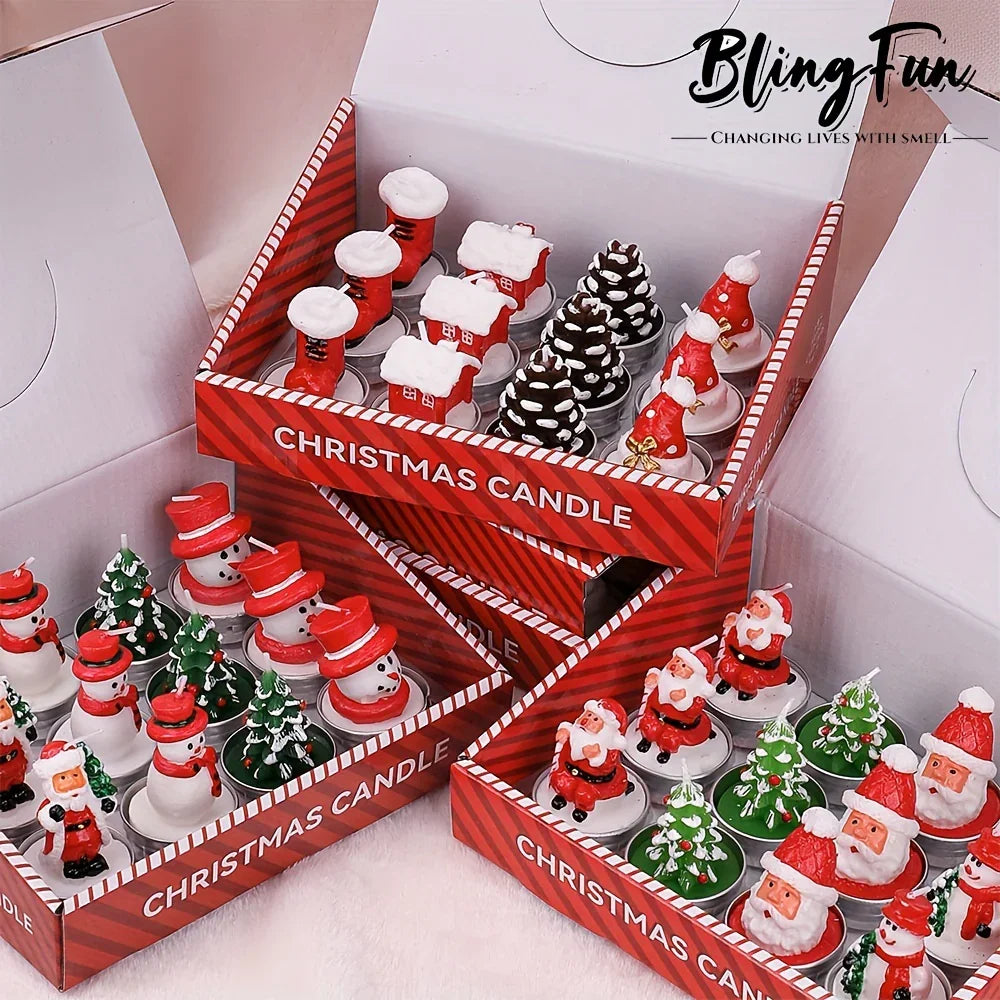 Wax Christmas Candles with Santa and Snowman Designs in Red and White, front view - House Of Avana