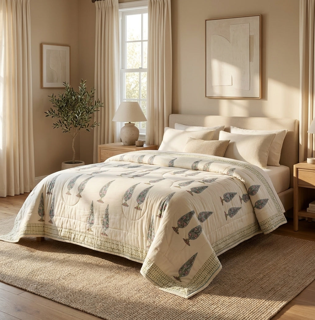 A beige quilted comforter with a gray bird pattern, styled on a bed in a warm, sunlit bedroom with neutral decor.