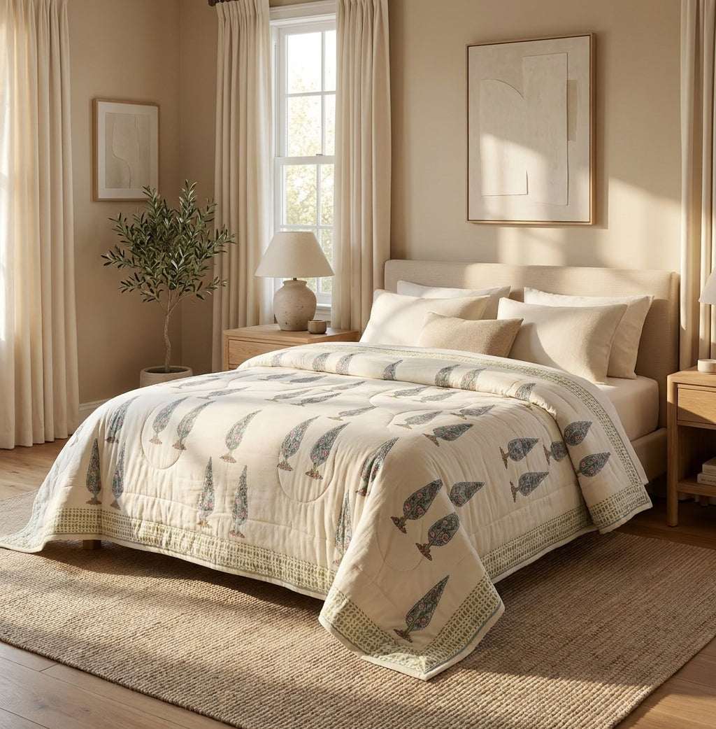 A beige quilted comforter with a gray bird pattern, styled on a bed in a warm, sunlit bedroom with neutral decor. [[SKU:HOA-COM-RUSG-025]]