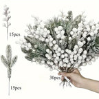 30pcs Winter White Frost Artificial Berries and Cedar Branches - Perfect Christmas Holiday Decor, Ideal for DIY Wreaths/Christmas Trees & Home/Outdoor Festive Arrangements (Halloween Thanksgiving), Christmas Tree Decorations, House Of Avana [[SKU:HOA-FLR-017]]
