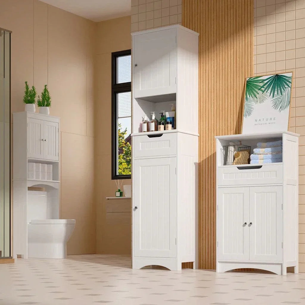 White Bathroom Linen Cabinet Tower with 2 Doors Storage Drawer and Shelf