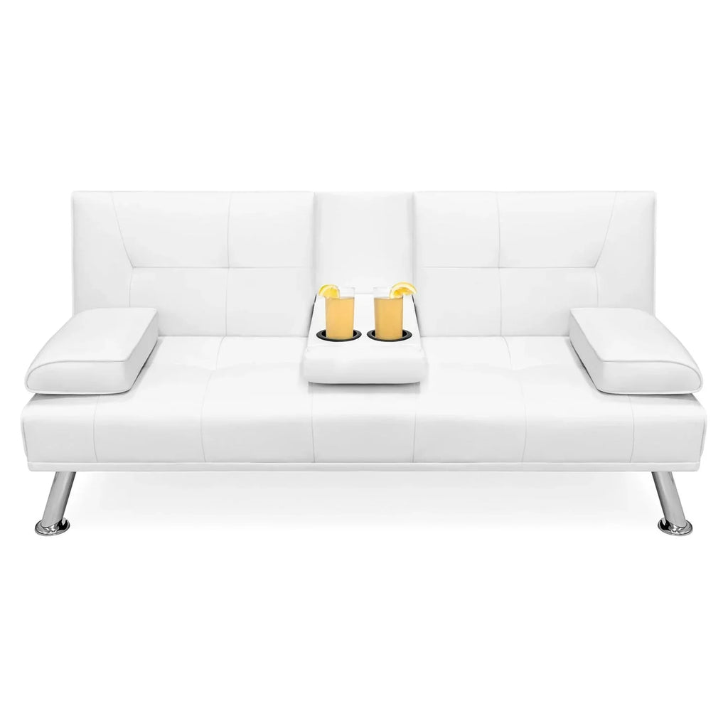 White Faux Leather Convertible Sofa Futon with 2 Cup Holders