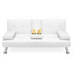 White Faux Leather Convertible Sofa Futon with 2 Cup Holders
