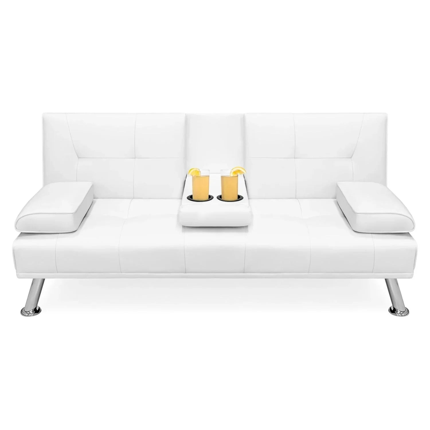 White Faux Leather Convertible Sofa Futon with 2 Cup Holders