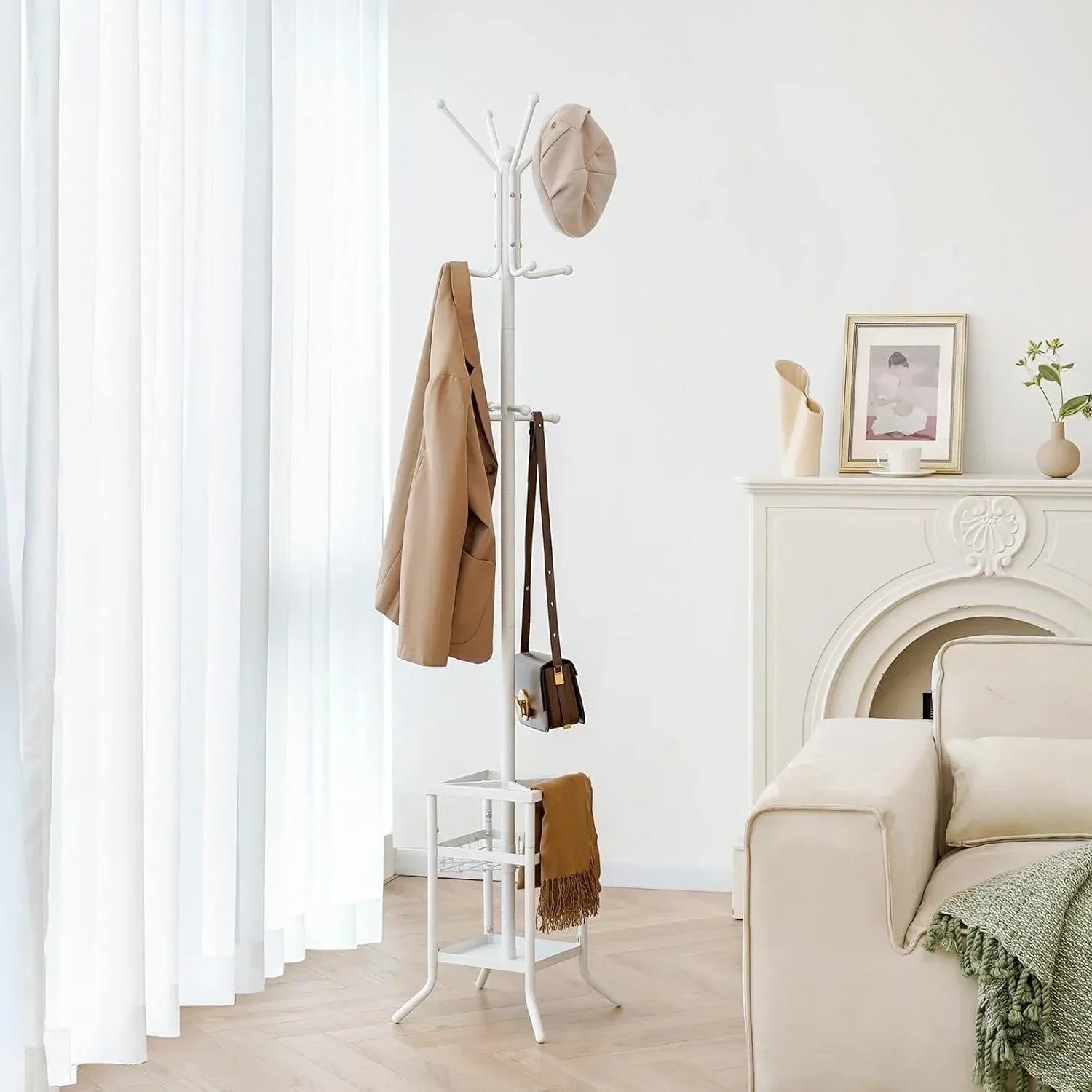 White Metal Coat Rack Entryway Hall Tree with Umbrella Holder
