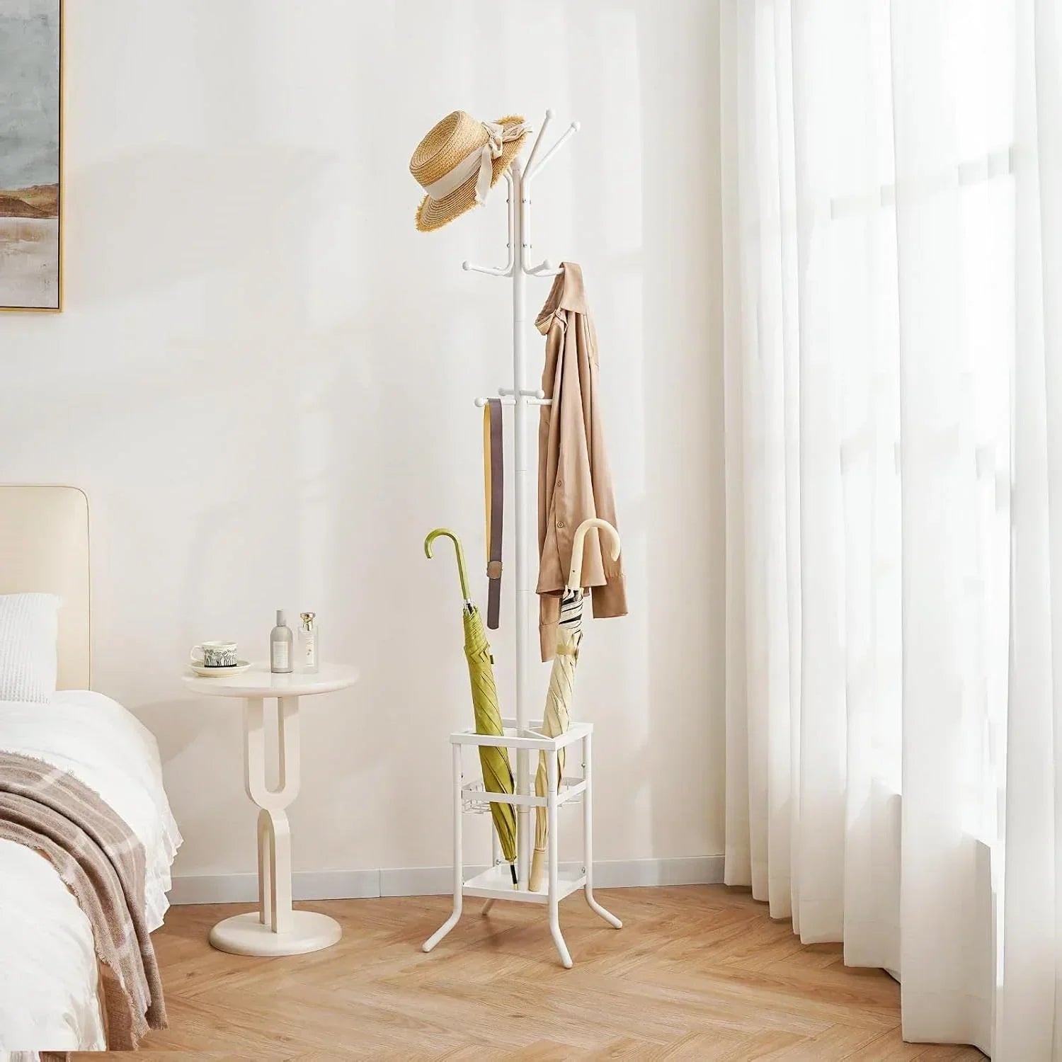 White Metal Coat Rack Entryway Hall Tree with Umbrella Holder