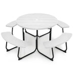 White Outdoor Metal and HDPE Picnic Table Bench Set with Umbrella Hole - Seats 8