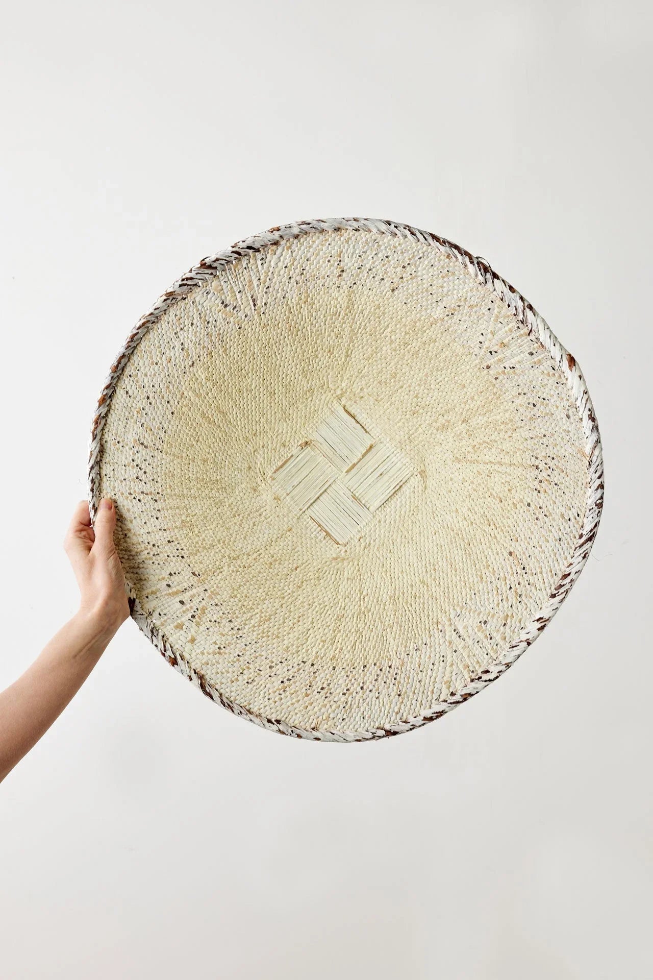 White Washed Handwoven Wall Basket, angled view - House Of Avana